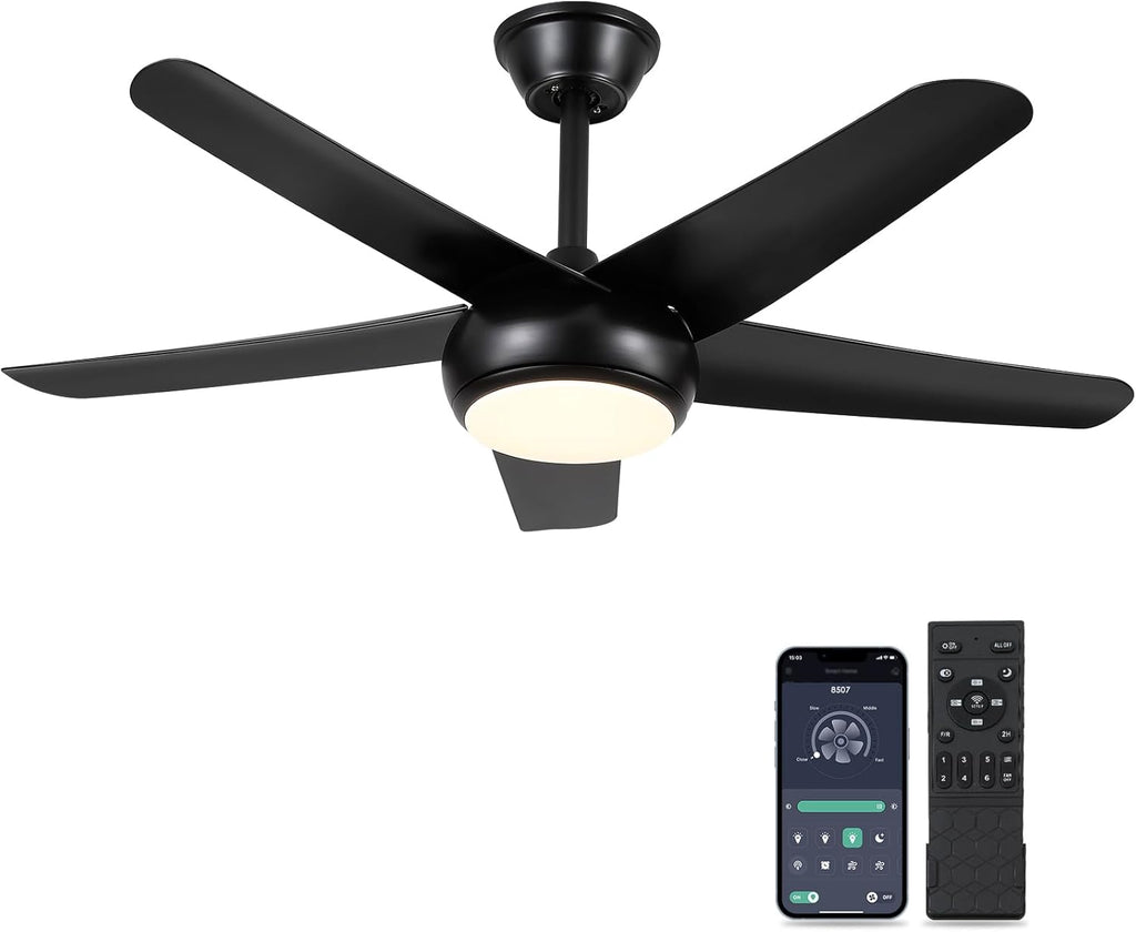 44" Black Ceiling Fan with Lights - Low Profile Ceiling Fans with 5 Reversible Blades, 6 Wind Speeds and Dimmable, Indoor/Outdoor Ceiling Fan Light for Bedroom