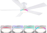 52" Flush Mount RGB Ceiling Fans with Lights - White Low Profile Ceiling Fan Light with Remote/APP, RGB+3CCT 6 Wind Speeds and Reversible, Modern Fan Light Fixture for Party, Kiad's Room