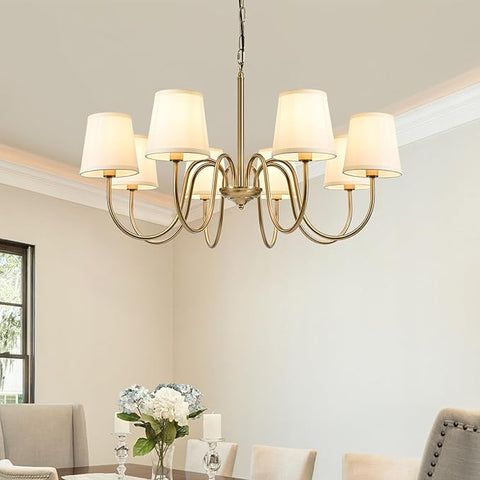 Wrought Iron Style Brass Chandelier 8-Light Gold Pendant Light with Fabric Shades 34.65 Inch Adjustable Metal Candle
