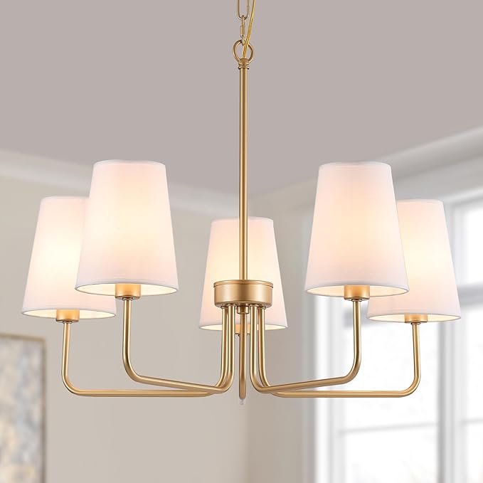 Wrought Iron Style Farmhouse Chandelier, 5-Lights Visual Comfort Gold Light, Muted Gold with White Fabric Shade,