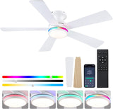 46" Flush Mount RGB Ceiling Fans with Lights - White Low Profile Ceiling Fan Light with Remote/APP, RGB+3CCT 6 Wind Speeds and Reversible, Modern Fan Light Fixture for Party, Kiad's Room