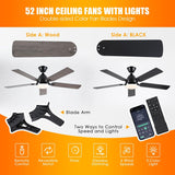 Ceiling Fans with Lights, 52 Inch Low Profile Ceiling Fan with Light and Remote Control,Reversible, 3CCT, Dimmable, Quiet, Black Ceiling Fan for Bedroom Indoor/Outdoor Use
