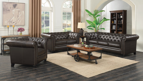 Set of 3 - Roy Rolled Arm Tufted Sofa + Loveseat + Chair Brown - D300-10034