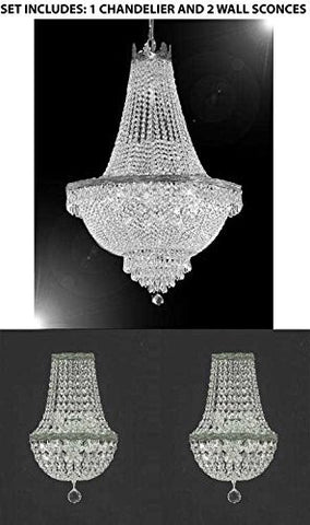 Set Of 3 - 1 French Empire Crystal Chandelier Lighting H30" X W24" And 2 Empire Crystal Wall Sconce Crystal Lighting W 9.5" H 18" D 5" - 1Ea-Silver/870/9 + 2Ea-Cs/4/5/Wallsconce