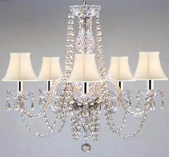 New! Authentic ALL Crystal Chandelier with White Shades w/Chrome Sleeves! - A46-B43/WHITESHADES/384/5