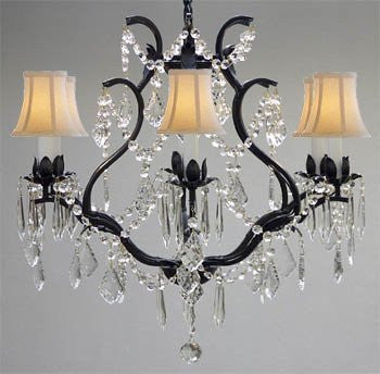 Wrought Iron Crystal Chandelier Lighting H 19" W 20" - With White Shades - A83-Whiteshades/3530/6