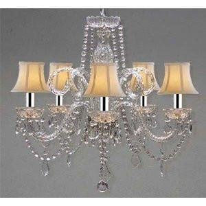 CRYSTAL CHANDELIER CHANDELIERS LIGHTING WITH WHITE SHADES W/CHROME SLEEVES! H 25" X W 24" - A46-B43/WHITESHADES/385/5