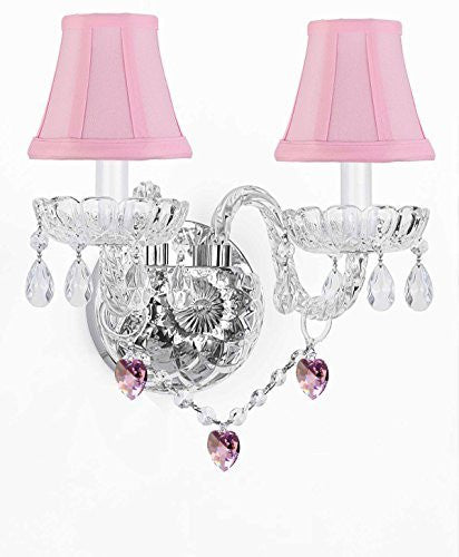 Wall Sconce Lighting With Crystal Pink Hearts - Perfect For Kids And Girls Bedrooms With Shades - G46-Pinkshades/B21/2/386