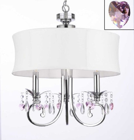 Fabric Shade 3-Light Crystal Chandelier Lighting Swag Plug In-Chandelier W/ 14' Feet Of Hanging Chain And Wire With Large White Shade And Pink Crystal Hearts - G7-B21/1128/3