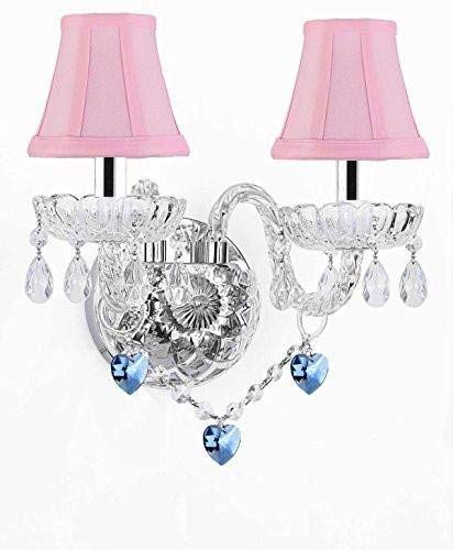 Wall Sconce Lighting with Crystal Blue Hearts w/Chrome Sleeves - Perfect for Kids and Girls Bedrooms with Shades! - G46-B43/PINKSHADES/B85/2/386