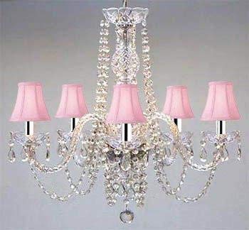 New! Authentic All Crystal Chandelier Lighting Chandeliers with Pink Shades! w/Chrome Sleeves! - A46-B43/PINKSHADES/384/5