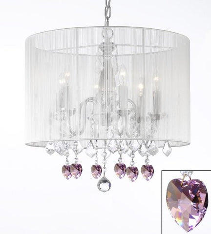 Crystal Chandelier With Large White Shade And Pink Crystal Hearts H 19.5" X W 18.5" - Perfect For Kids' And Girls Bedrooms - J10-B21/1126/6
