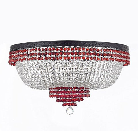 French Empire Crystal Flush Chandelier Chandeliers Lighting Trimmed With Ruby Red Crystal With Dark Antique Finish H18" X W24" Good For Dining Room Foyer Entryway Family Room And More - F93-B75/Cb/Flush/870/9