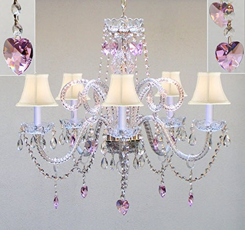 Chandelier Lighting W/ Crystal White Shades & Hearts H25" X W24" - Perfect For Kid'S And Girls Bedroom - Go-A46-Sc/Whiteshade/Hearts/387/5/Pink