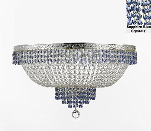 Flush French Empire Crystal Chandelier Lighting Trimmed With Sapphire Blue Crystal Good For Dining Room Foyer Entryway Family Room And More H18" X W24" - F93-B83/Cs/Flush/870/9