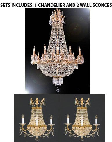 Set Of 3- French Empire Crystal Chandelier Lighting 25X32 12 Lights And 2 Crystal Trimmed Wall Sconce Empire Crystal Wall Sconce Lighting W18" H23" D10" - 1Ea 1280/8+4 + 2Ea CG/1/8/Wallsconce