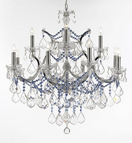 Maria Theresa Chandelier Lighting Crystal Chandeliers H30" W28" Chrome Finish Dressed With Sapphire Blue Crystals Great For The Dining Room Living Room Family Room Entryway / Foyer - J10-B7/B82/Chrome/26049/12+1