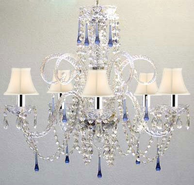 Blue Crystal Chandelier Chandeliers Lighting with White Shades w/Chrome Sleeves! - A46-B43/SC/WHITESHADE/387/5BLUE