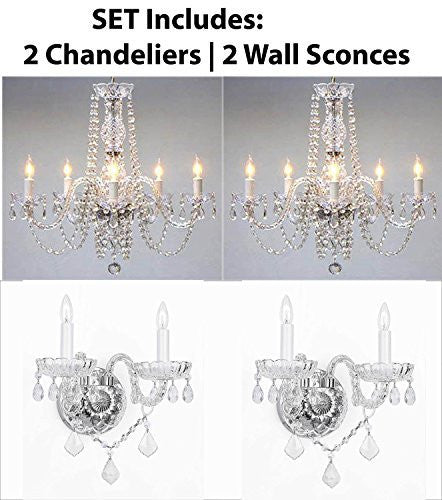 Four Piece Lighting Set - New Swarovski Crystal Trimmed Authentic All Crystal Murano Venetian Style Crystal 2 Chandeliers And 2 Wall Sconces - 2Ea 384/5Sw + 2Ea 2/386Sw