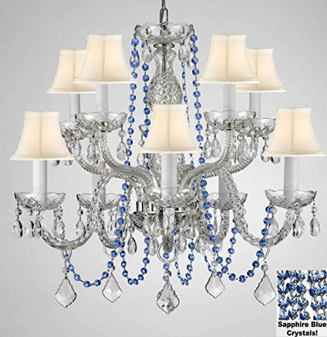 Authentic All Crystal Chandelier Chandeliers Lighting With Sapphire Blue Crystals And White Shades Perfect For Living Room Dining Room Kitchen Kid'S Bedroom H25" W24" - G46-B82/Cs/Whiteshades/1122/5+5