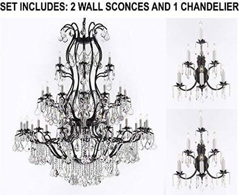 Set of 3-2 Wrought Iron Wall Sconce Crystal Lighting 3 Tier Wall Sconces W16 x H24 and 1 Large Foyer Iron Chandelier Chandeliers Lighting with Crystal! H60 x W52 - 2EA A83-6/3034 + 1EA A83-3031/36