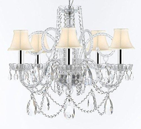 Murano Venetian Style Chandelier Crystal Lights Fixture Pendant Ceiling Lamp for Dining Room, Bedroom, Living Room with Large, Luxe, Diamond Cut Crystals w/Chrome Sleeves! H25" X W24" w/White Shades - A46-B43/WHITESHADES/B93/B89/385/5DC