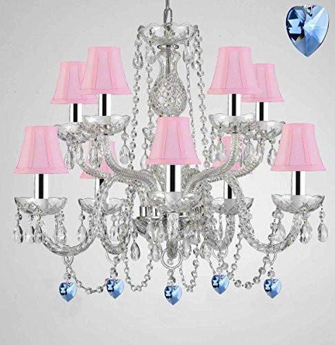 Empress Crystal (tm) Chandelier Chandeliers Lighting with Blue Color Crystal and Pink Shades w/Chrome Sleeves! - G46-B43/B85/SC/1122/5+5-Pink Shades