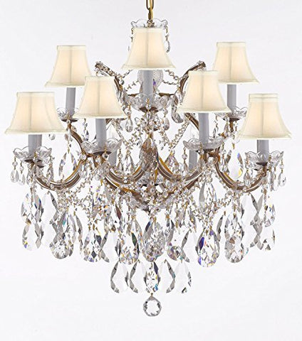 Maria Theresa Chandelier Lights Fixture Pendant Ceiling Lamp Dressed With Large Luxe Diamond Cut Crystals H30" X W28" - Good For Dining Room Foyer Entryway Living Room And More W/White Shades - F83-B90/Whiteshades/Cg/21532/12+1Dc