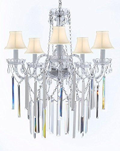 Authentic All Empress Crystal (Tm) Chandelier Lighting Optical-Quality Fringe Prisms With White Shades H30" X W24" - G46-B40/Sc/Whiteshades/3/384/5