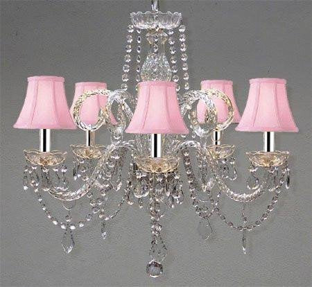 CRYSTAL CHANDELIER CHANDELIERS LIGHTING WITH PINK SHADES W/CHROME SLEEVES! H 25" X W 24" - A46-B43/PINKSHADES/385/5