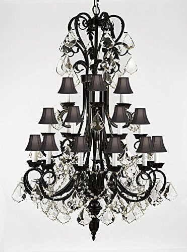 Foyer / Entryway Wrought Iron Chandelier 50" Inches Tall With Crystal And With Black Shades H50" X W30" - A84-B12/Blackshades/724/24