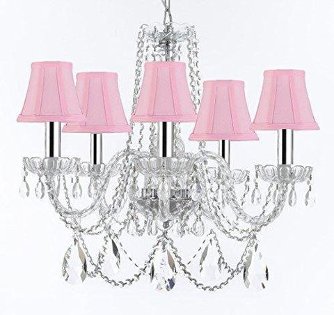 Murano Venetian Style Chandelier Crystal Lights Fixture Pendant Ceiling Lamp for Dining Room, Bedroom, Living Room with Large, Luxe, Diamond Cut Crystals w/Chrome Sleeves! H25" X W24" w/Pink Shades - A46-B43/PINKSHADES/B93/B89/384/5DC