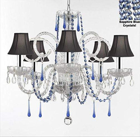AUTHENTIC ALL CRYSTAL CHANDELIER CHANDELIERS LIGHTING WITH SAPPHIRE BLUE CRYSTALS AND BLACK SHADES! PERFECT FOR LIVING ROOM, DINING ROOM, KITCHEN, KID'S BEDROOM W/CHROME SLEEVES! H25" W24" - G46-B43/B82/BLACKSHADES/387/5