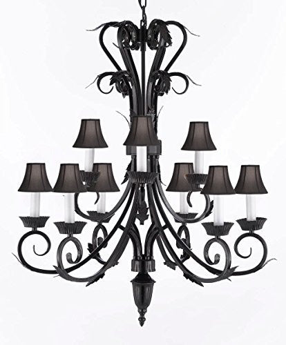 Wrought Iron Chandelier With Black Shades H 30" W 26" 9 Lights - A84-Blackshades/724/6+3