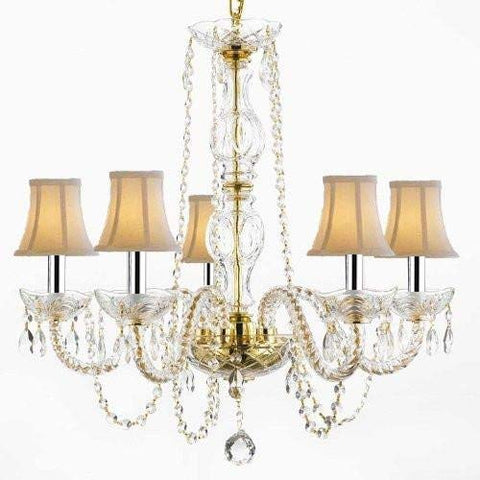 Crystal Chandelier Chandeliers Lighting with White Shades W/Chrome Sleeves! H 25" W 24" - CJD-G46-B43/GOLD/WHITESHADES/384/5