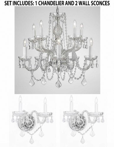 Set Of 3 - 1 Crystal Lighting Chandeliers H25" X W24" And 2 Murano Venetian Style Crystal Wall Sconce Lighting - 1Ea 1122/5+5 + 2Ea B12/2/386