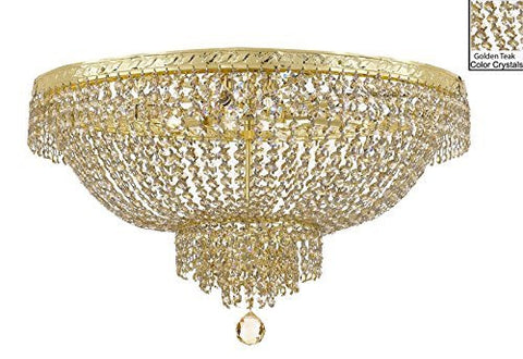 French Empire Semi Flush Crystal Chandelier Lighting - Dressed With Golden Teak Color Crystals H18" X W24" - F93-B78/Flush/Cg/870/9