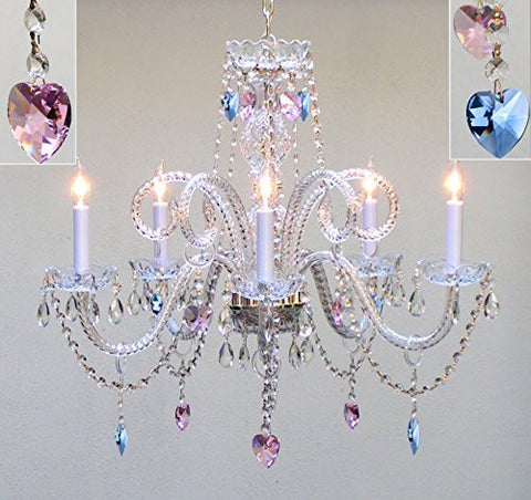 Authentic All Crystal Chandelier Chandeliers Lighting With Sapphire Blue & Pink Crystal Hearts Perfect For Living Room Dining Room Kitchen Kid'S Bedroom H25" W24" - A46-B85/B21/387/5