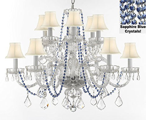 Authentic All Crystal Chandelier Chandeliers Lighting With Sapphire Blue Crystals And White Shades Perfect For Living Room Dining Room Kitchen H32" W27" - F46-B82/Whiteshades/385/6+6