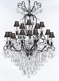 Swarovski Crystal Trimmed Wrought Iron Crystal Chandelier Lighting W38" H60" - Good for Entryway, Foyer, Living Room, Ballrooms, Catering Halls, Event Halls! w/ Black Shades - A500-BLACKSHADES/B12/556/16SW