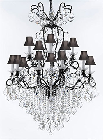 Wrought Iron Crystal Chandelier Lighting W38" H60" - Good for Entryway, Foyer, Living Room, Ballrooms, Catering Halls, Event Halls! w/ Black Shades - F83-BLACKSHADES/B12/556/16
