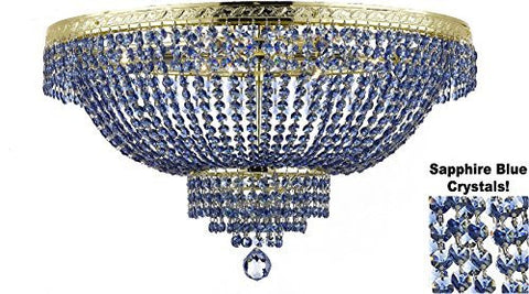 French Empire Semi Flush Crystal Chandelier Lighting - Dressed With Sapphire Blue Color Crystals H21" X W30" - F93-B82/Flush/Cg/870/14