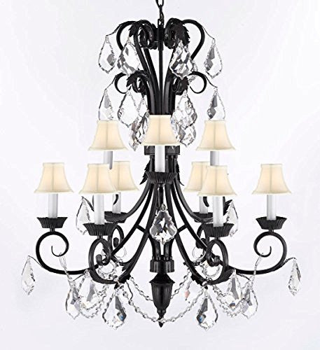 Entryway Wrought Iron (Tm) Chandelier 30" Inches Tall With Crystal And ShadesTrimmed With Spectra (Tm) Crystal - Reliable Crystal Quality By Swarovski - A84-Sc/B12/724/6+3-Sw