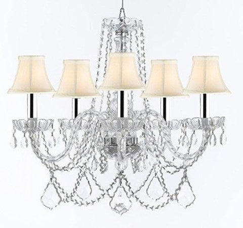 Murano Venetian Style Chandelier Crystal Lights Fixture Pendant Ceiling Lamp for Dining Room, Bedroom, Living Room with Large, Luxe, Diamond Cut Crystals w/Chrome Sleeves! H25" X W24" w/White Shades - A46-B43/WHITESHADES/B94/B89/384/5DC
