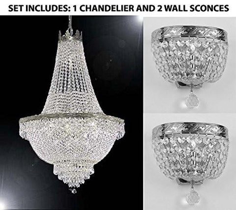 Set Of 3 - 1 French Empire Crystal Chandelier Lighting H30" X W24" And 2 Empire Crystal Wall Sconce Lighting W 9.5" H 9" D 5" - 1Ea-Cs/870/9 + 2Ea-Wallscone/3/3 Ch W/C A500-