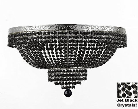 French Empire Semi Flush Crystal Chandelier Lighting - Dressed With Jet Black Color Crystals H21" X W30" - F93-B80/Flush/Cs/870/14