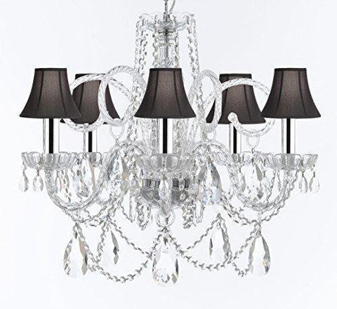Murano Venetian Style Chandelier Crystal Lights Fixture Pendant Ceiling Lamp for Dining Room, Bedroom, Living Room w/Large, Luxe, Diamond Cut Crystals w/Chrome Sleeves! H25" X W24" w/Black Shades - A46-B43/BLACKSHADES/B93/B89/385/5DC