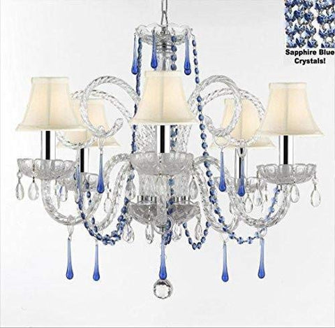 AUTHENTIC ALL CRYSTAL CHANDELIER CHANDELIERS LIGHTING WITH SAPPHIRE BLUE CRYSTALS AND WHITE SHADES! PERFECT FOR LIVING ROOM, DINING ROOM, KITCHEN, KID'S BEDROOM W/CHROME SLEEVES! H25" W24" - G46-B43/B82/WHITESHADES/387/5