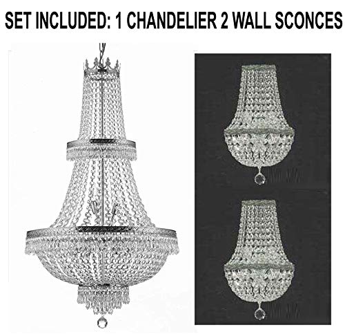Set of 3-1 French Empire Crystal Chandelier Lighting H50" X W24" - Great for The Dining Room, Living Room! and 2 Empire Crystal Wall Sconce Lighting H 18" X W 9.5" X D 5" - 1EA CS/870/15 + 2EA CS/4/5/WALLSCONCE