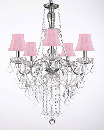 Elegant 5 Light Crystal Chandelier Pendant Lighting Fixture Light Lamp W/ Pink Shades - J10-Pinkshades/3/26017/5
